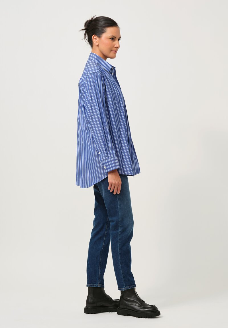 Sacai Cotton Poplin Collared Pleated Long-Sleeve Shirt in Striped Blue & White	