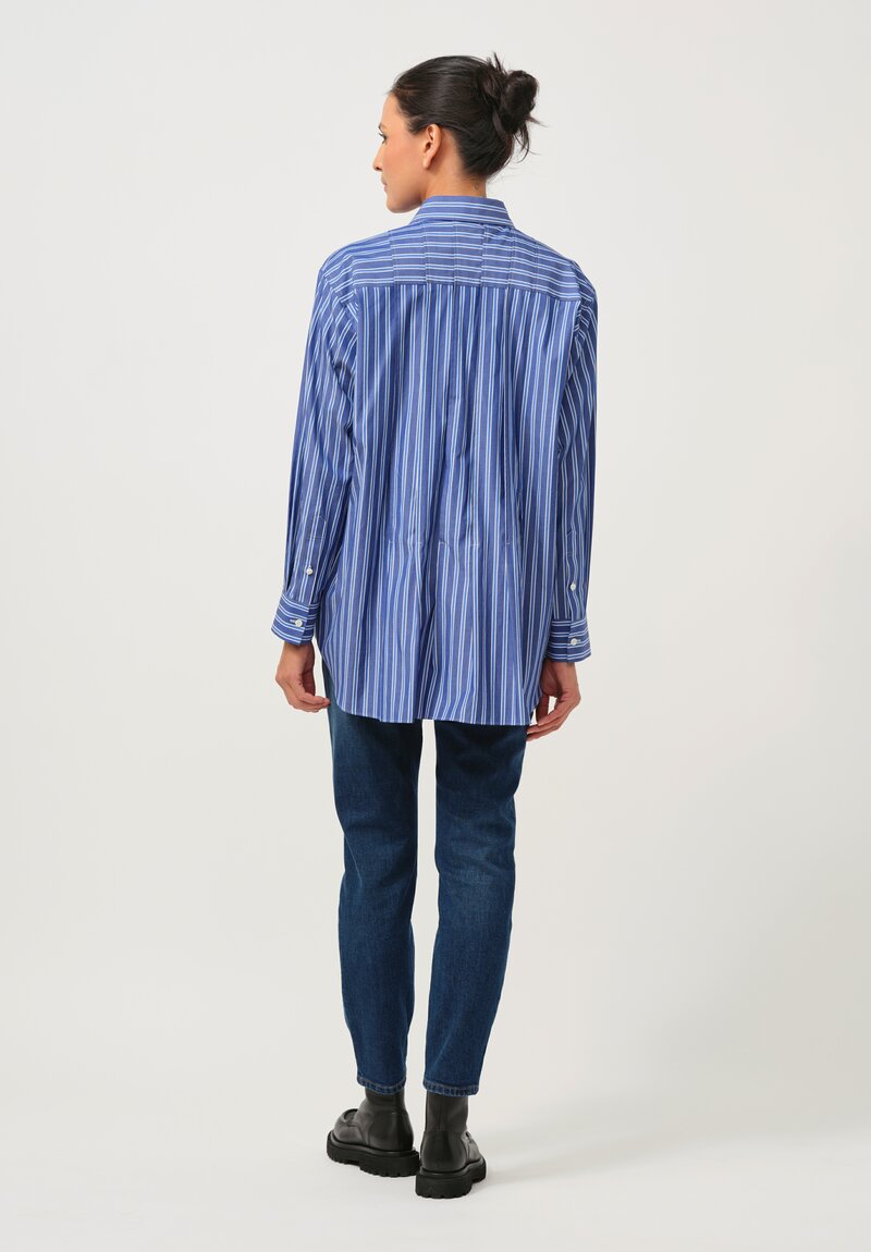 Sacai Cotton Poplin Collared Pleated Long-Sleeve Shirt in Striped Blue & White	