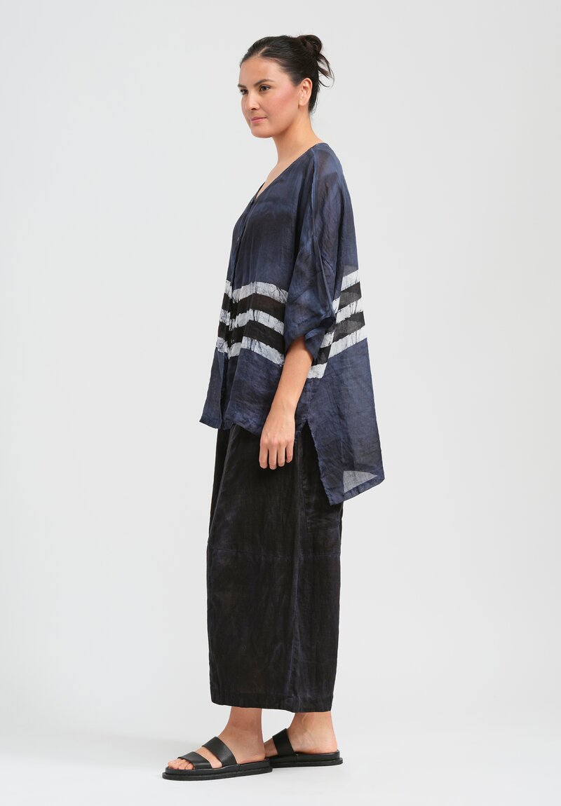 Gilda Midani Pattern Dyed Linen Button-Down Super Shirt in Blue, Black & White Stripes