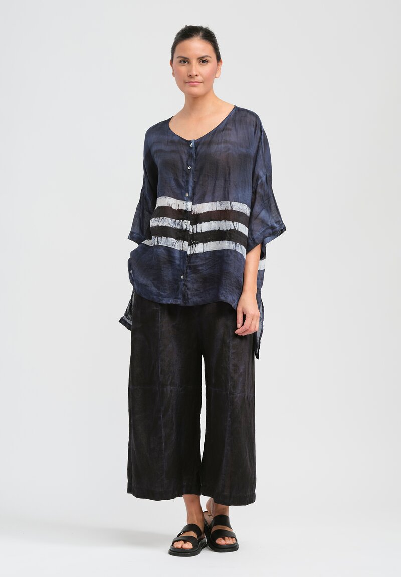 Gilda Midani Pattern Dyed Linen Button-Down Super Shirt in Blue, Black & White Stripes