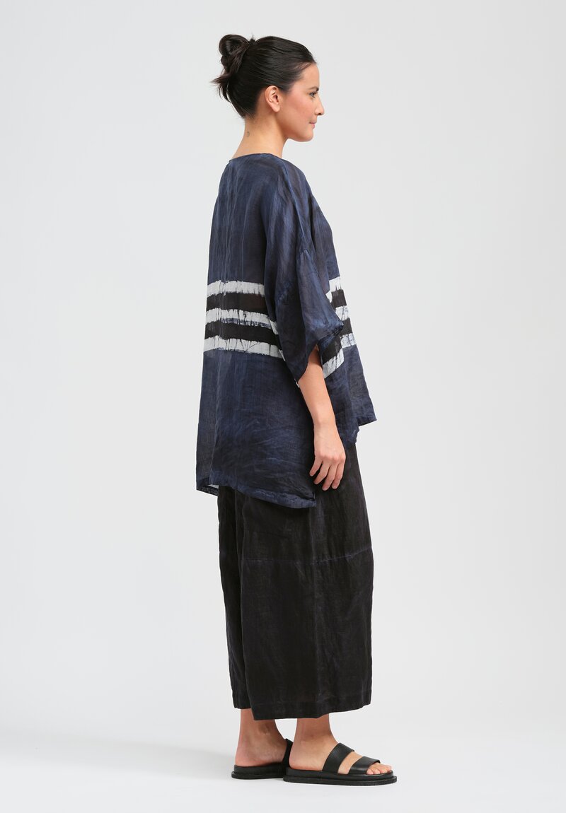 Gilda Midani Pattern Dyed Linen Button-Down Super Shirt in Blue, Black & White Stripes