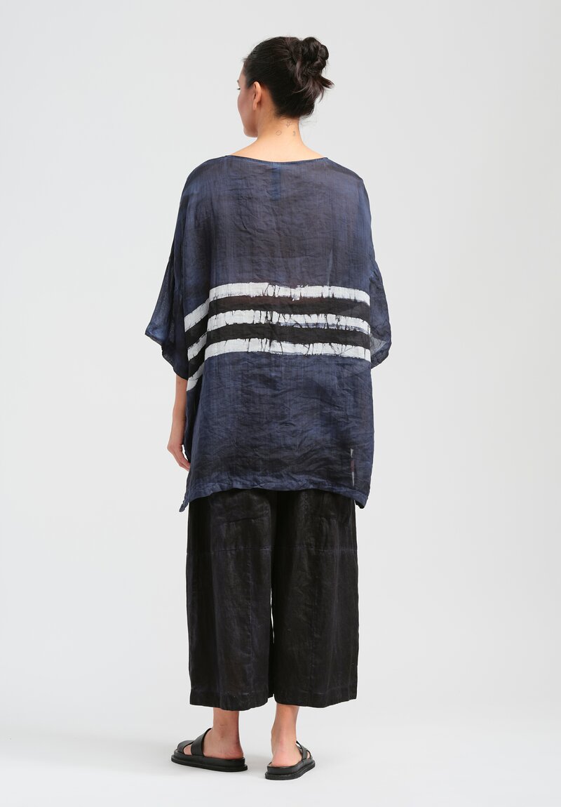 Gilda Midani Pattern Dyed Linen Button-Down Super Shirt in Blue, Black & White Stripes