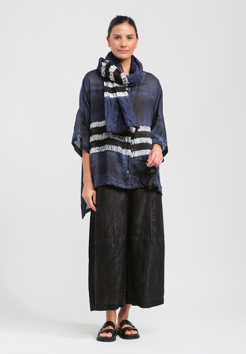 Gilda Midani Pattern Dyed Linen Button-Down Super Shirt in Blue, Black & White Stripes