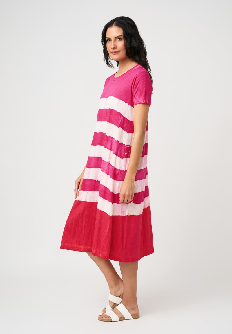 Gilda Midani Cotton Pattern-Dyed Short Sleeve Maria Dress in Fiesta Pink & White Stripes
