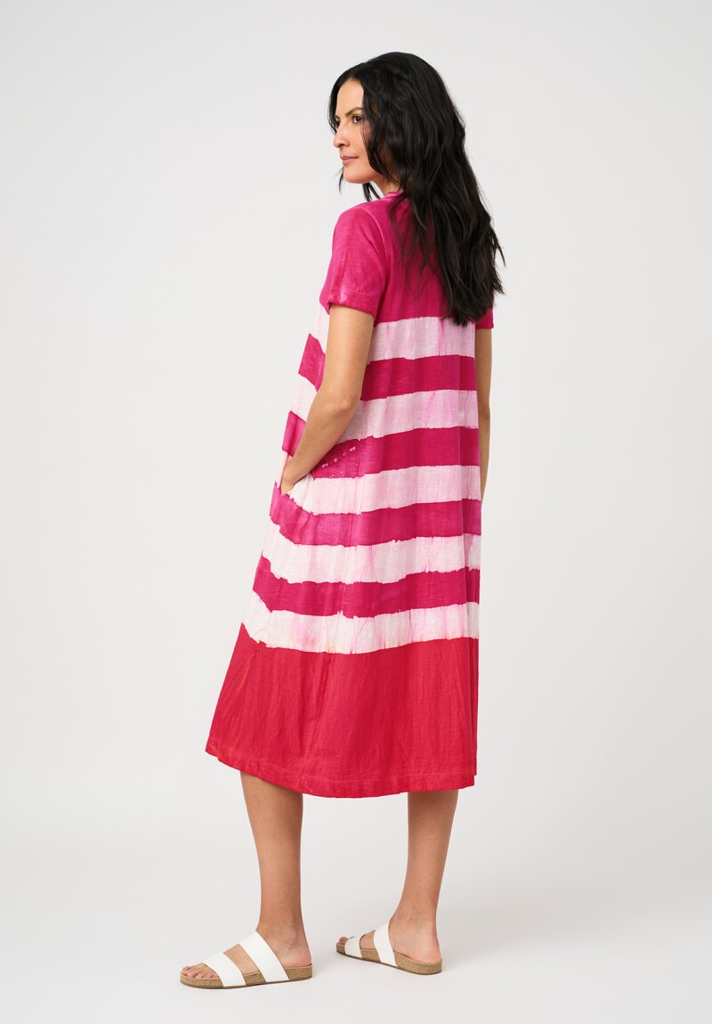 Gilda Midani Cotton Pattern-Dyed Short Sleeve Maria Dress in Fiesta Pink & White Stripes