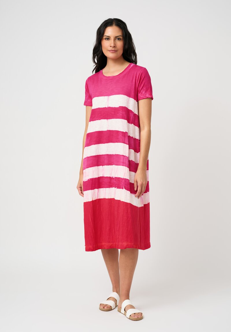 Gilda Midani Cotton Pattern-Dyed Short Sleeve Maria Dress in Fiesta Pink & White Stripes