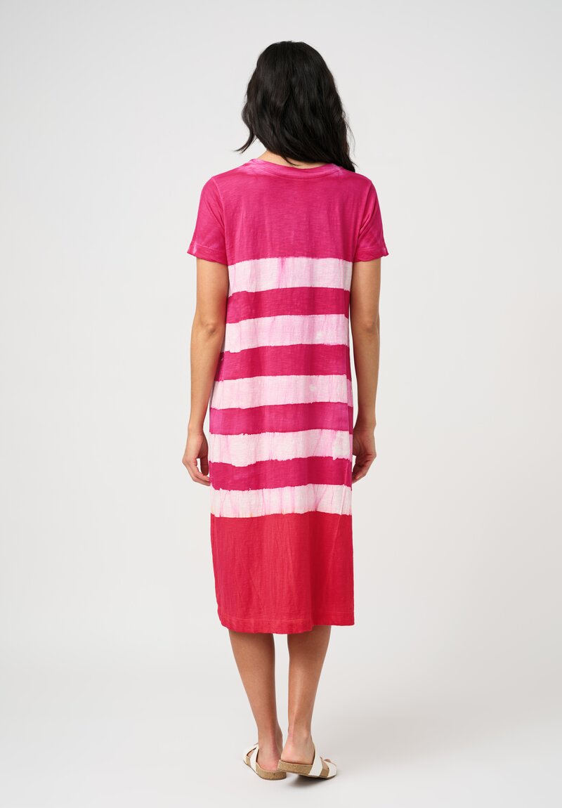Gilda Midani Cotton Pattern-Dyed Short Sleeve Maria Dress in Fiesta Pink & White Stripes