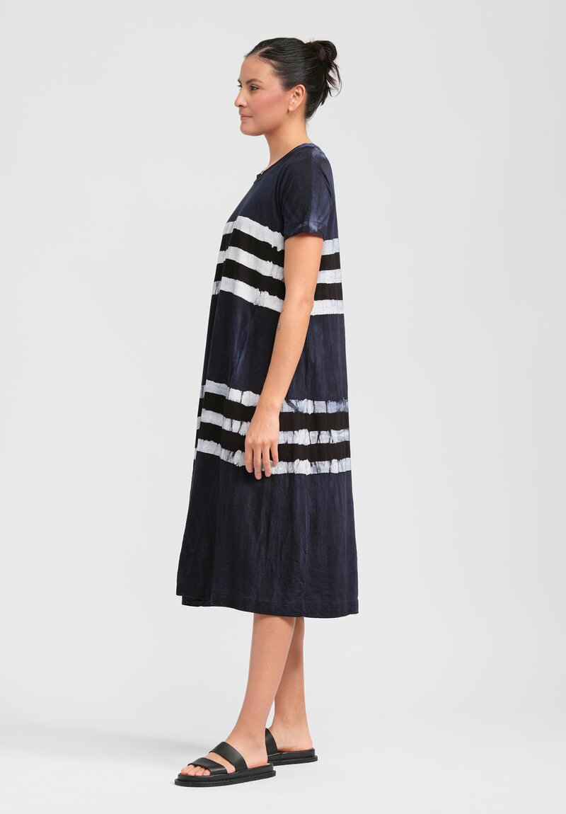 Gilda Midani Pattern Dyed Short Sleeve Maria Dress in Blue, Black & White Stripes