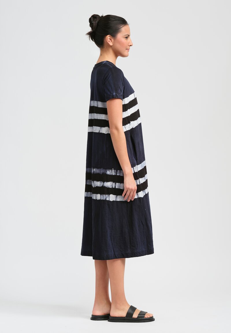 Gilda Midani Pattern Dyed Short Sleeve Maria Dress in Blue, Black & White Stripes