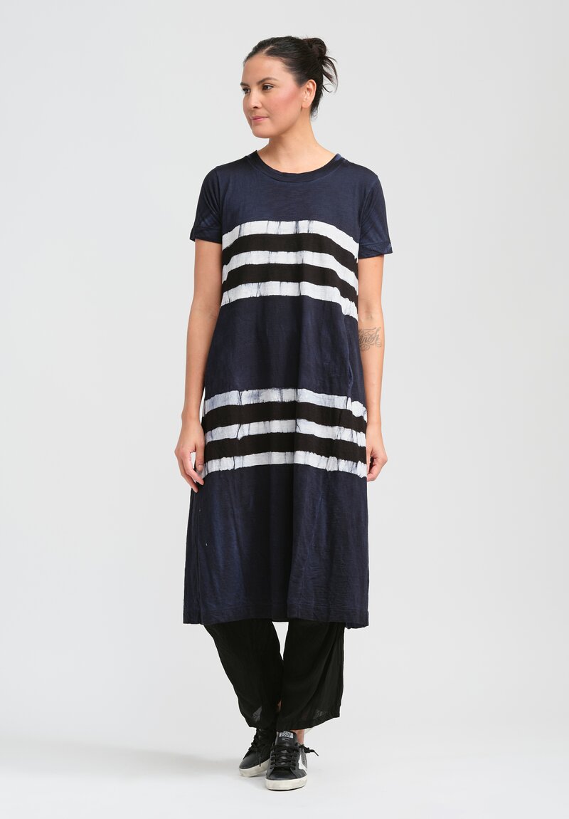 Gilda Midani Pattern Dyed Short Sleeve Maria Dress in Blue, Black & White Stripes