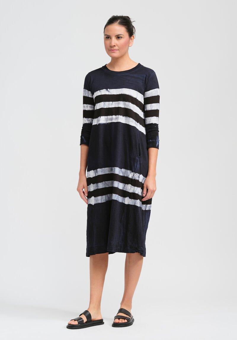 Gilda Midani Pattern Dyed Three-Quarter Sleeve Maria Dress in Blue, Black & White Stripes	