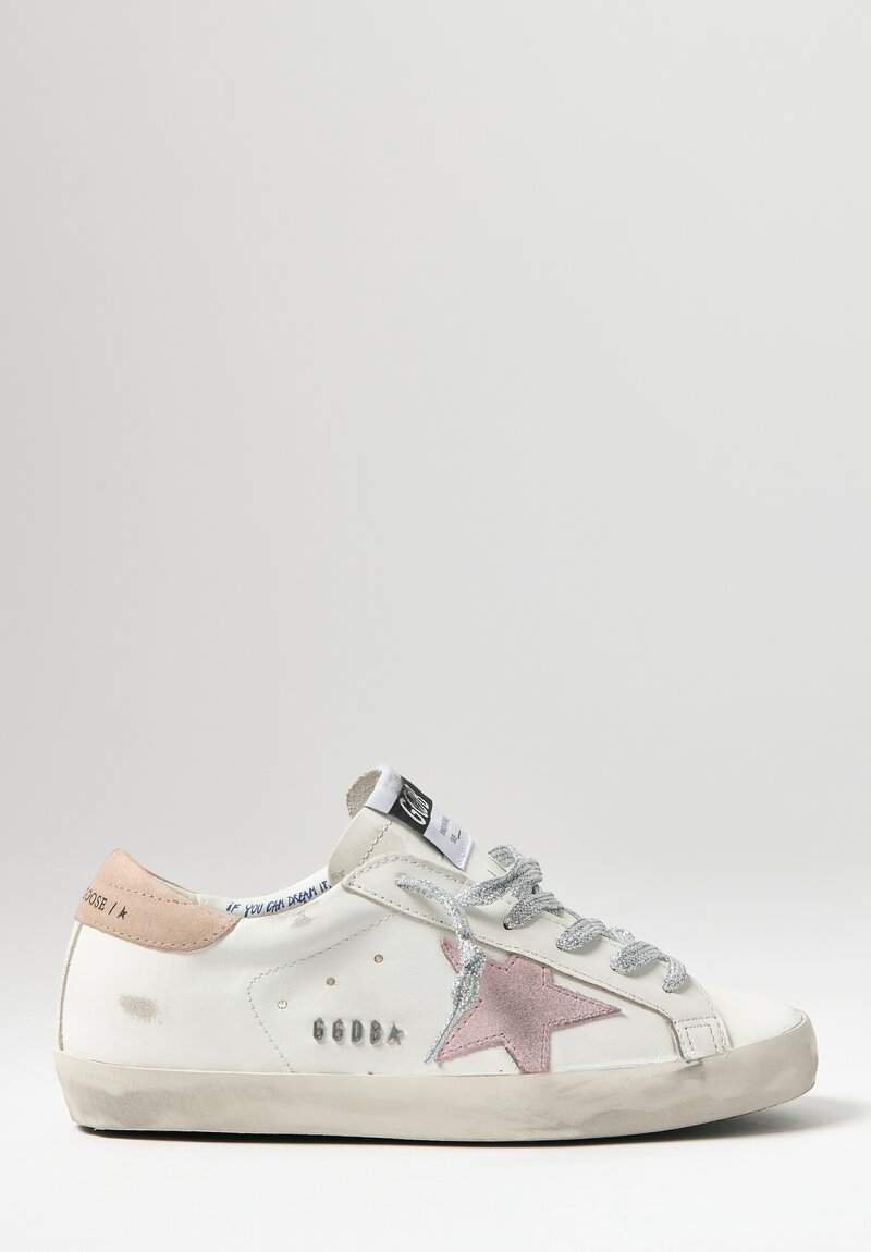 Golden Goose Leather Super Star Sneakers in Optic White & Antique Pink Star