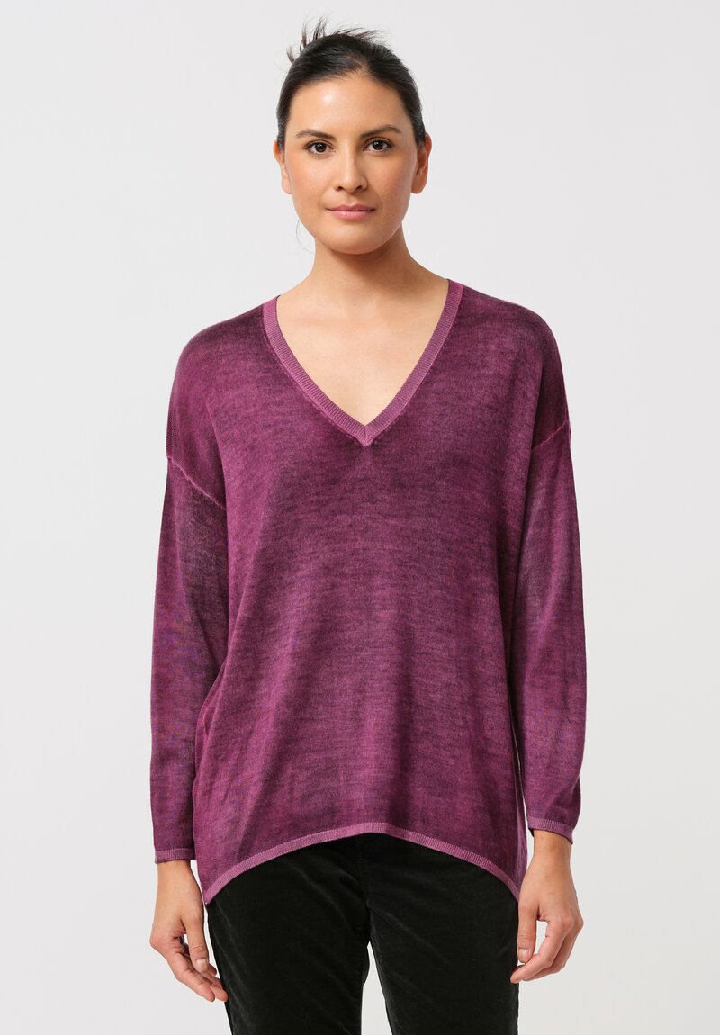 Avant Toi Cashmere & Silk Hand-Painted V-Neck Sweater in Nero & Clematis Purple	