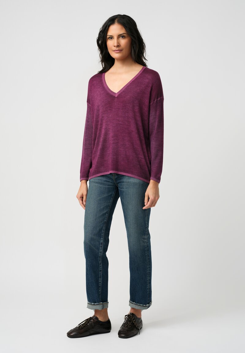 Avant Toi Cashmere & Silk Hand-Painted V-Neck Maglia Sweater in Nero & Clematis Purple