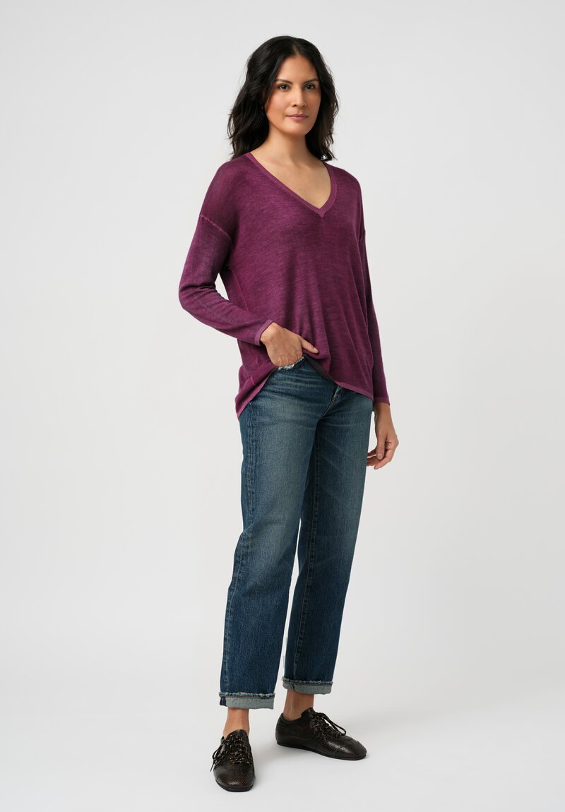 Avant Toi Cashmere & Silk Hand-Painted V-Neck Maglia Sweater in Nero & Clematis Purple