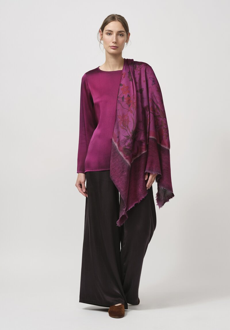 Avant Toi Cashmere & Silk Quadrello Dark Flowers Scarf in Nero Clematis Purple	