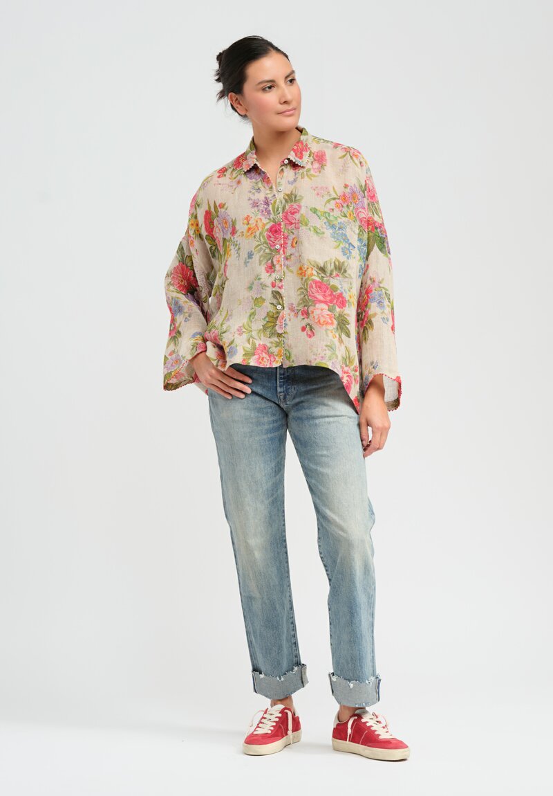 Péro Linen Weave Button-Down Shirt in Floral Natural	