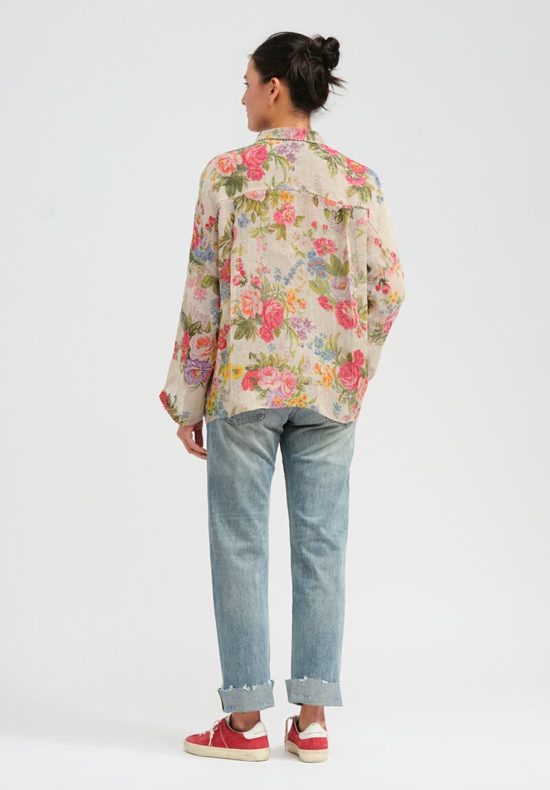 Péro Linen Weave Button-Down Shirt in Floral Natural	