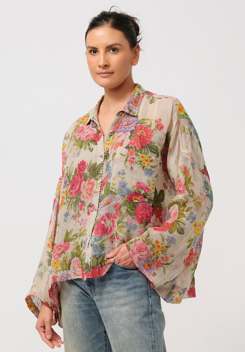 Péro Linen Weave Button-Down Shirt in Floral Natural