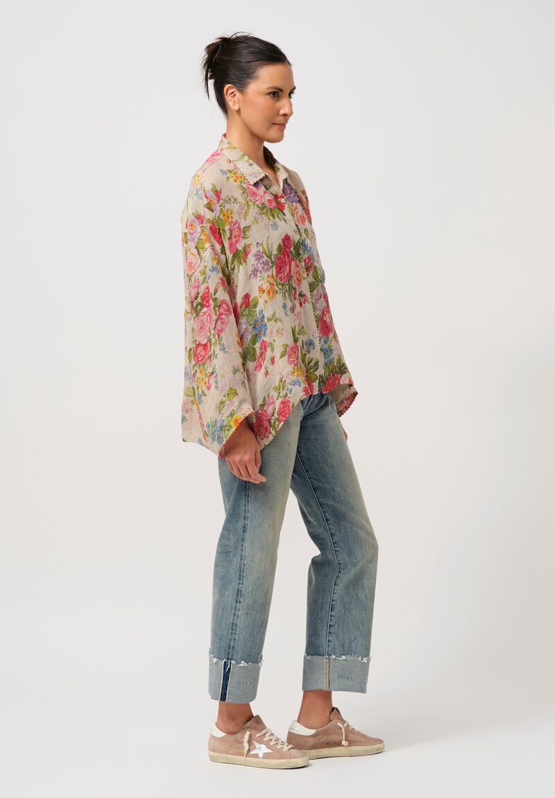 Péro Linen Weave Button-Down Shirt in Floral Natural