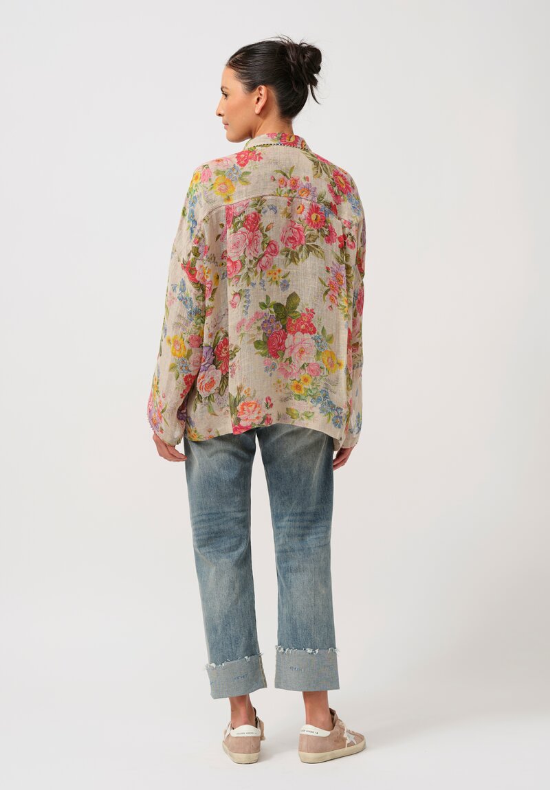 Péro Linen Weave Button-Down Shirt in Floral Natural