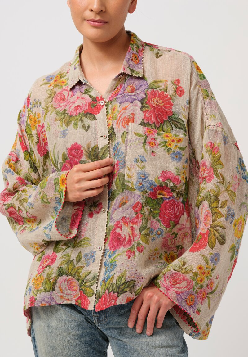 Péro Linen Weave Button-Down Shirt in Floral Natural