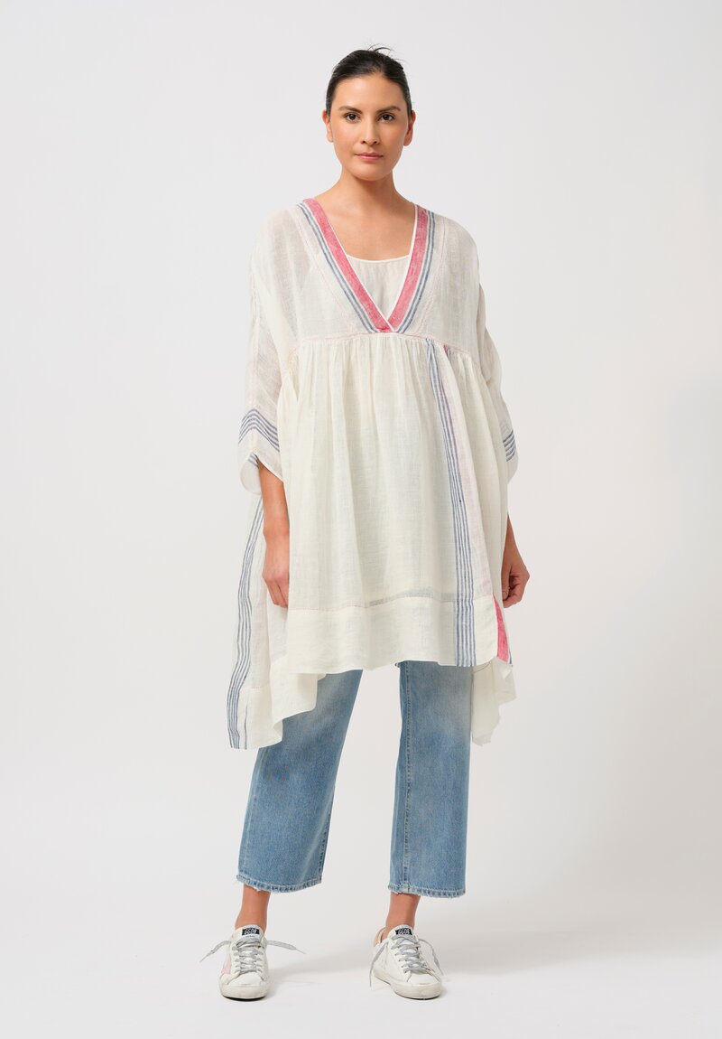 Péro Gathered Linen Tunic in Cream & Blue Stripe