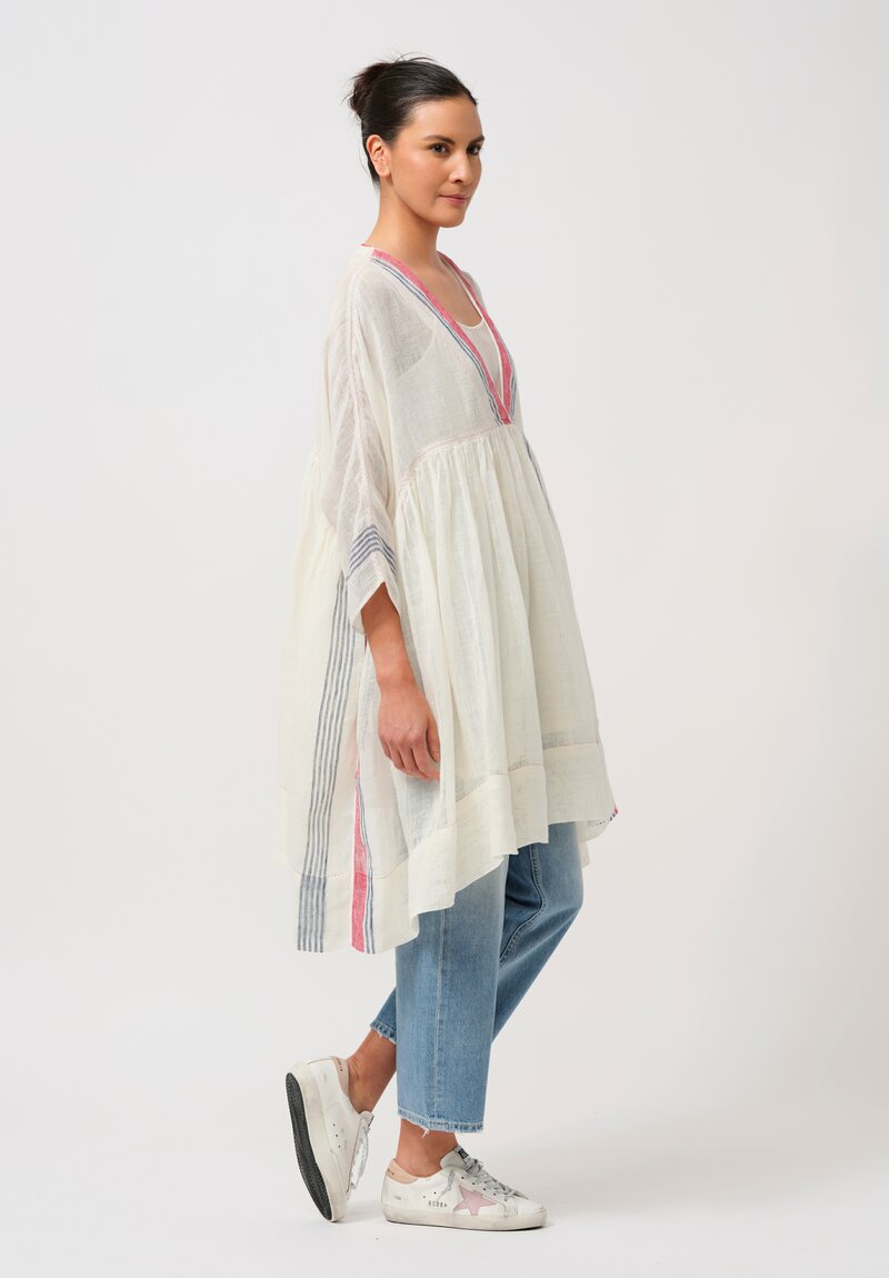 Péro Gathered Linen Tunic in Cream & Blue Stripe