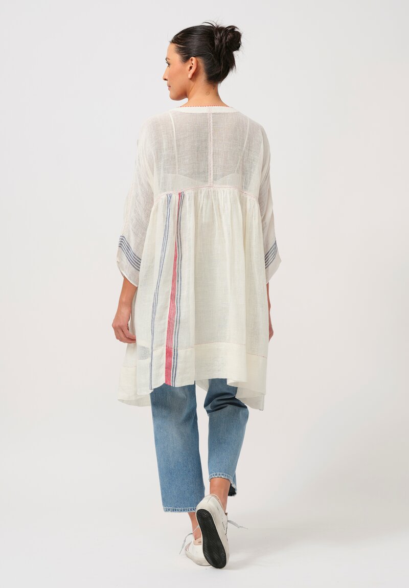 Péro Gathered Linen Tunic in Cream & Blue Stripe