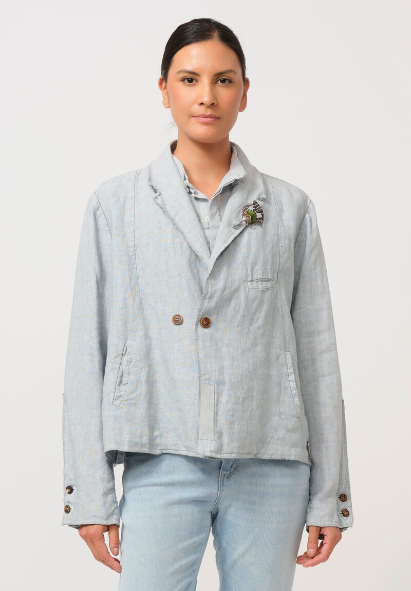 Umit Unal Linen Double-Button Jacket in Blue & Blue Stitching	