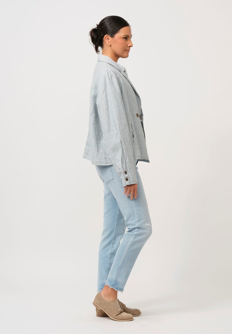 Umit Unal Linen Double-Button Jacket in Blue & Blue Stitching	