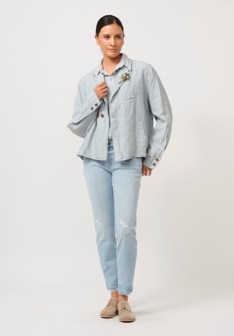 Umit Unal Linen Double-Button Jacket in Blue & Blue Stitching	