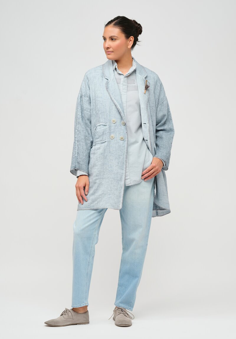 Umit Unal Hand-Stitched Linen Coat in Blue & Grey Stitching	