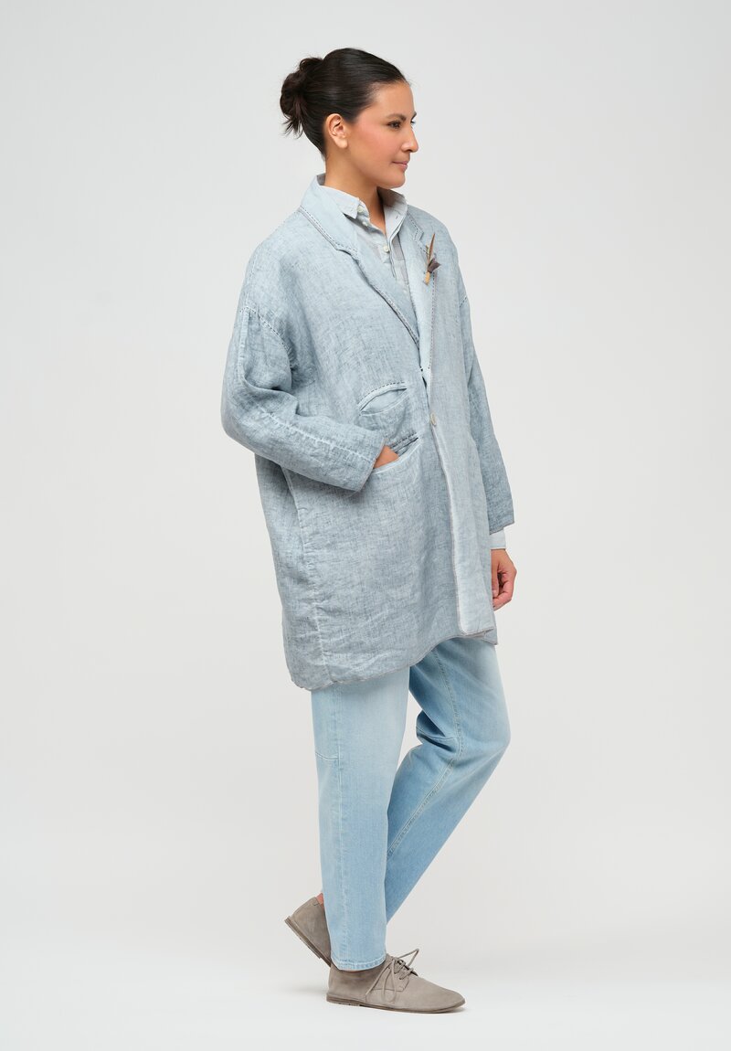 Umit Unal Hand-Stitched Linen Coat in Blue & Grey Stitching	