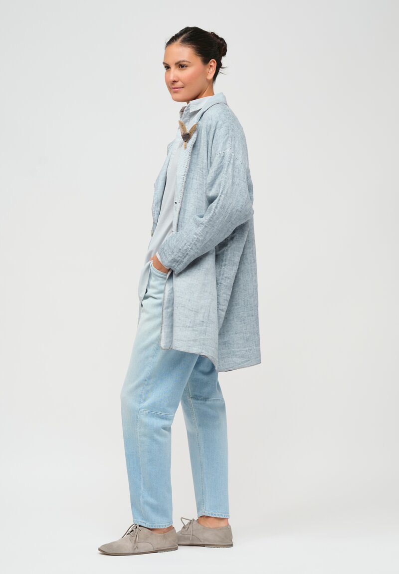 Umit Unal Hand-Stitched Linen Coat in Blue & Grey Stitching	