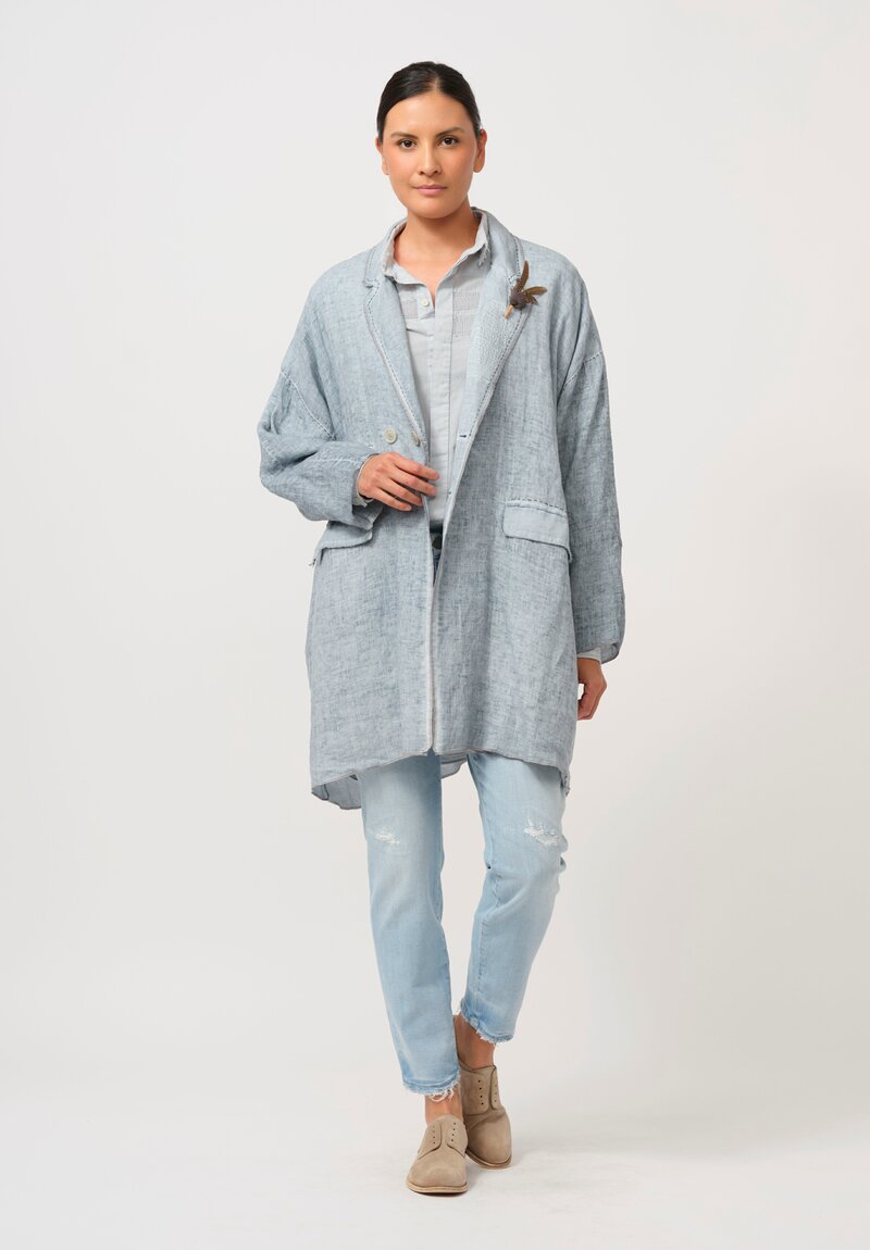 Umit Unal Hand-Stitched Linen Coat in Blue & Grey Stitching	