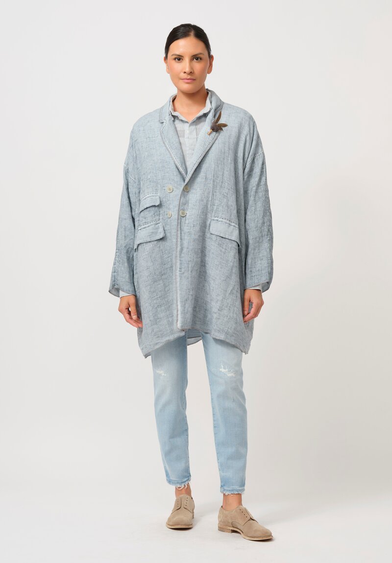 Umit Unal Hand-Stitched Linen Coat in Blue & Grey Stitching	