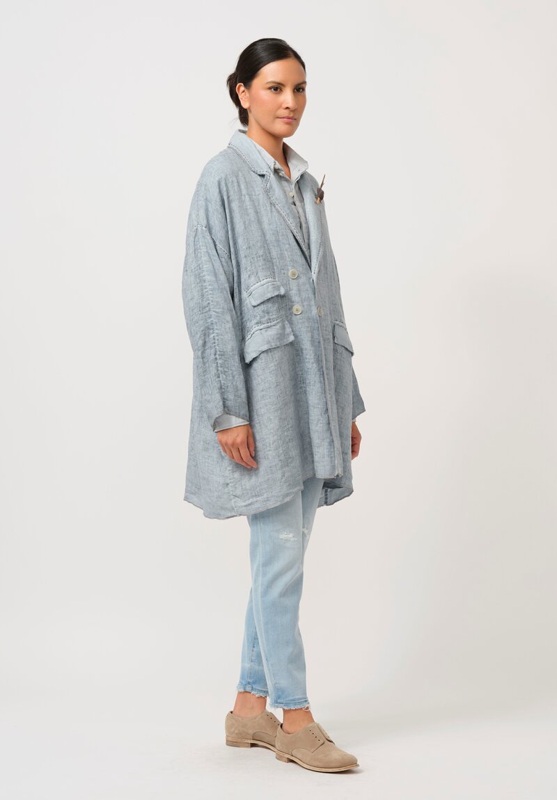 Umit Unal Hand-Stitched Linen Coat in Blue & Grey Stitching	