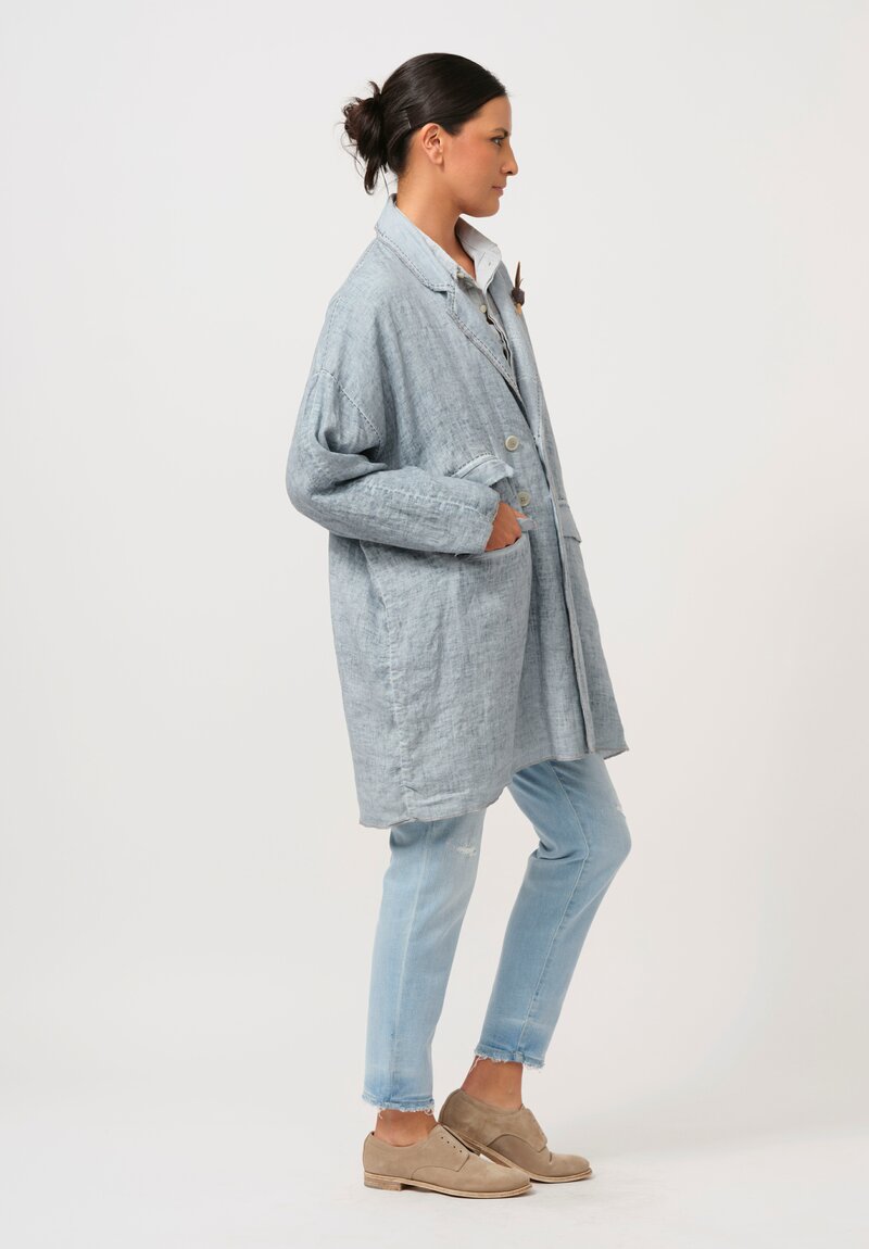 Umit Unal Hand-Stitched Linen Coat in Blue & Grey Stitching	