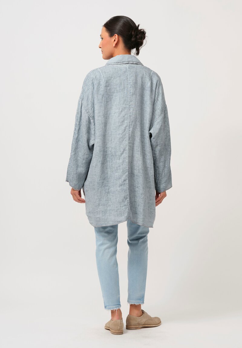 Umit Unal Hand-Stitched Linen Coat in Blue & Grey Stitching	