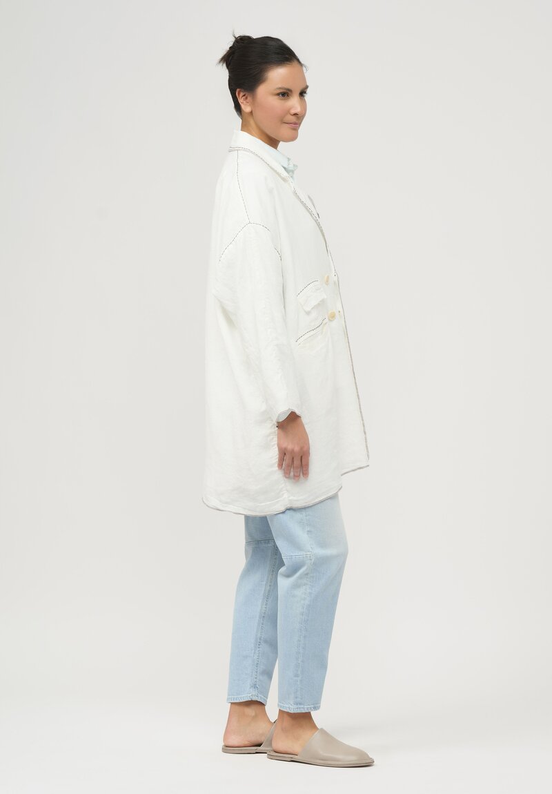 Umit Unal Hand-Stitched Linen Coat in Off White & Black Stitching