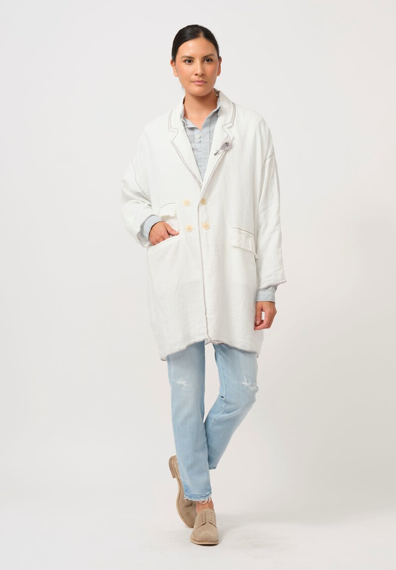 Umit Unal Hand-Stitched Linen Coat in Off White & Black Stitching	