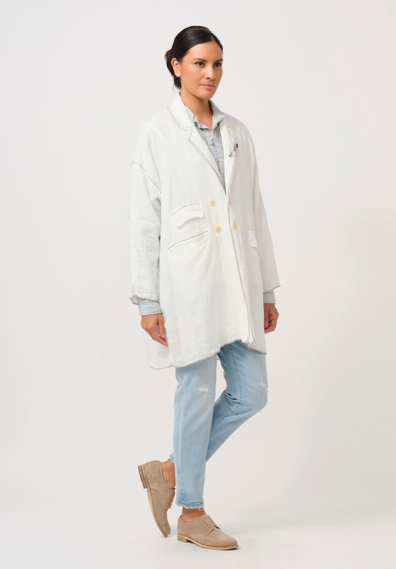 Umit Unal Hand-Stitched Linen Coat in Off White & Black Stitching	