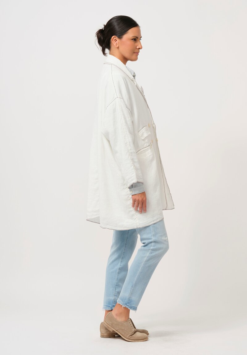 Umit Unal Hand-Stitched Linen Coat in Off White & Black Stitching	