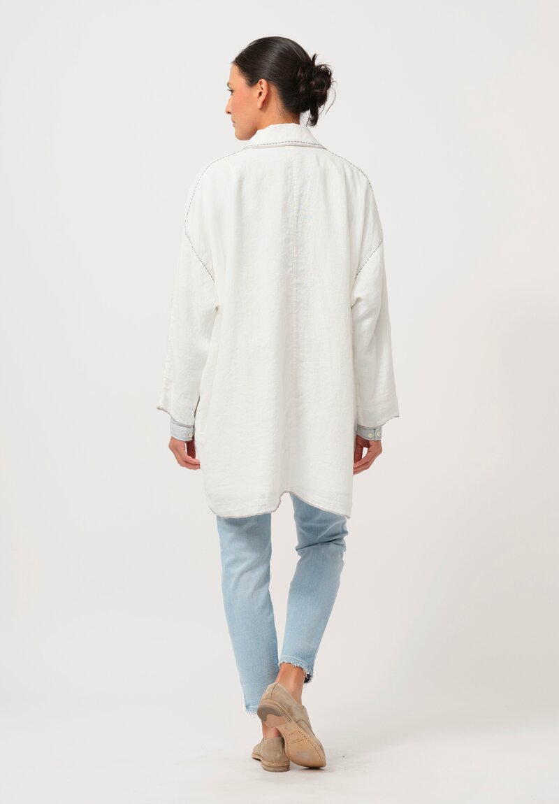 Umit Unal Hand-Stitched Linen Coat in Off White & Black Stitching	