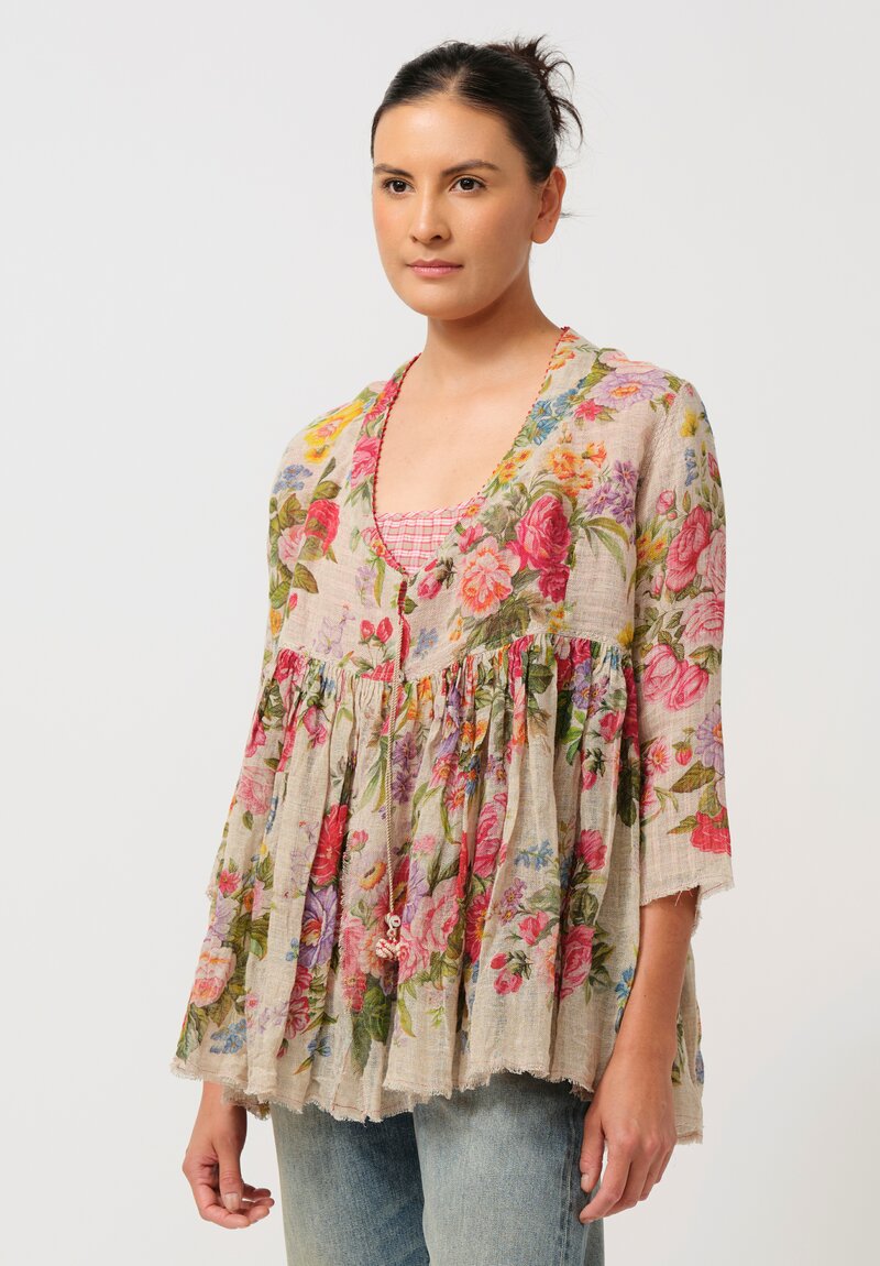 Péro Floral Linen Weave Top in Rose Bouquet