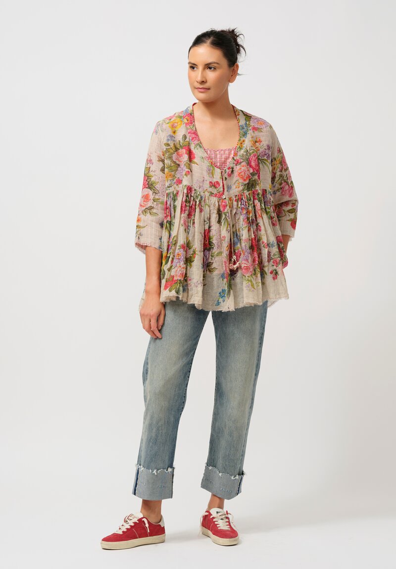 Péro Floral Linen Weave Top in Rose Bouquet