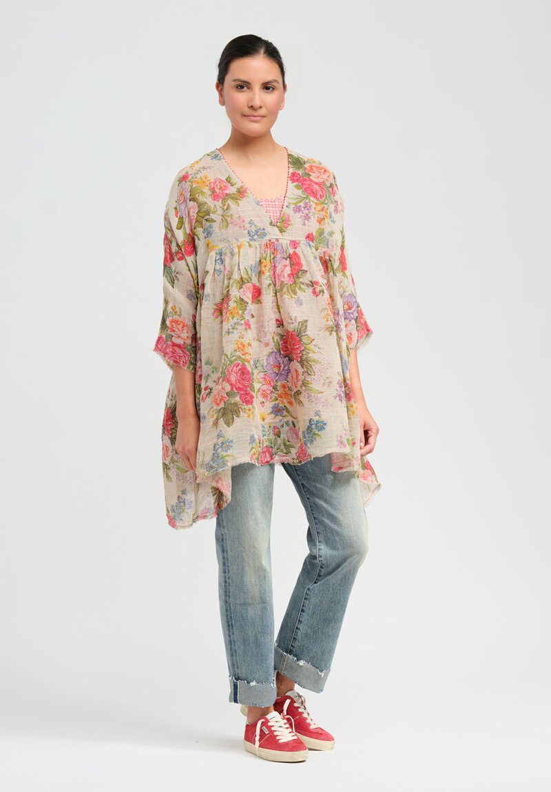 Péro Gathered Floral Linen Tunic in Rose Bouquet