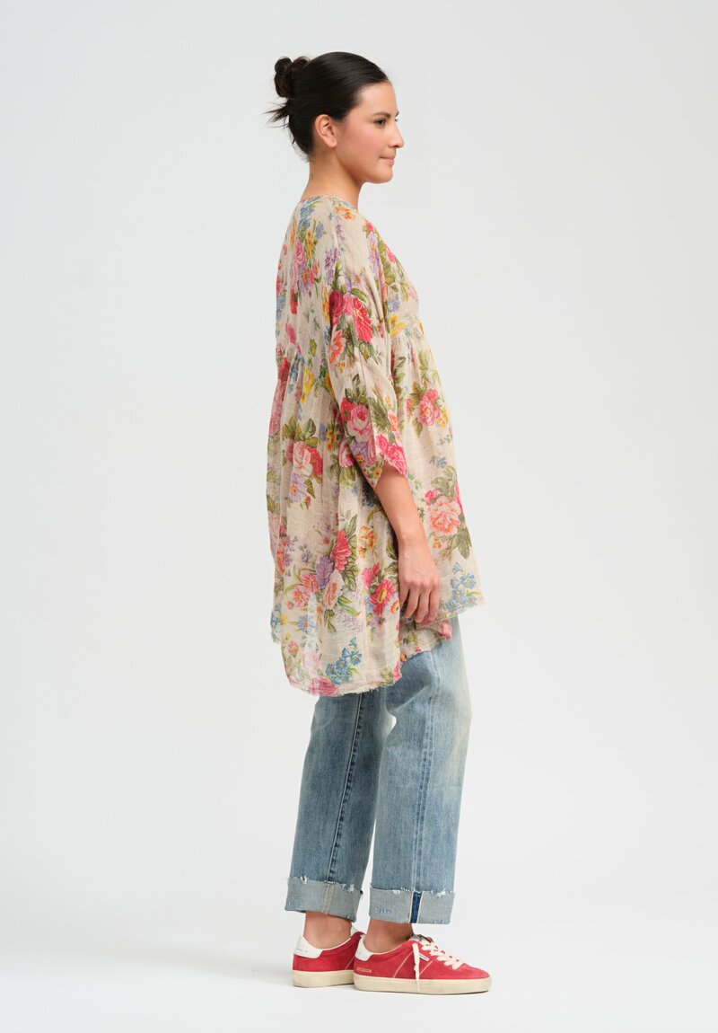 Péro Gathered Floral Linen Tunic in Rose Bouquet