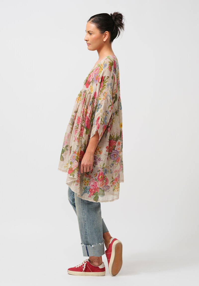 Péro Gathered Floral Linen Tunic in Rose Bouquet